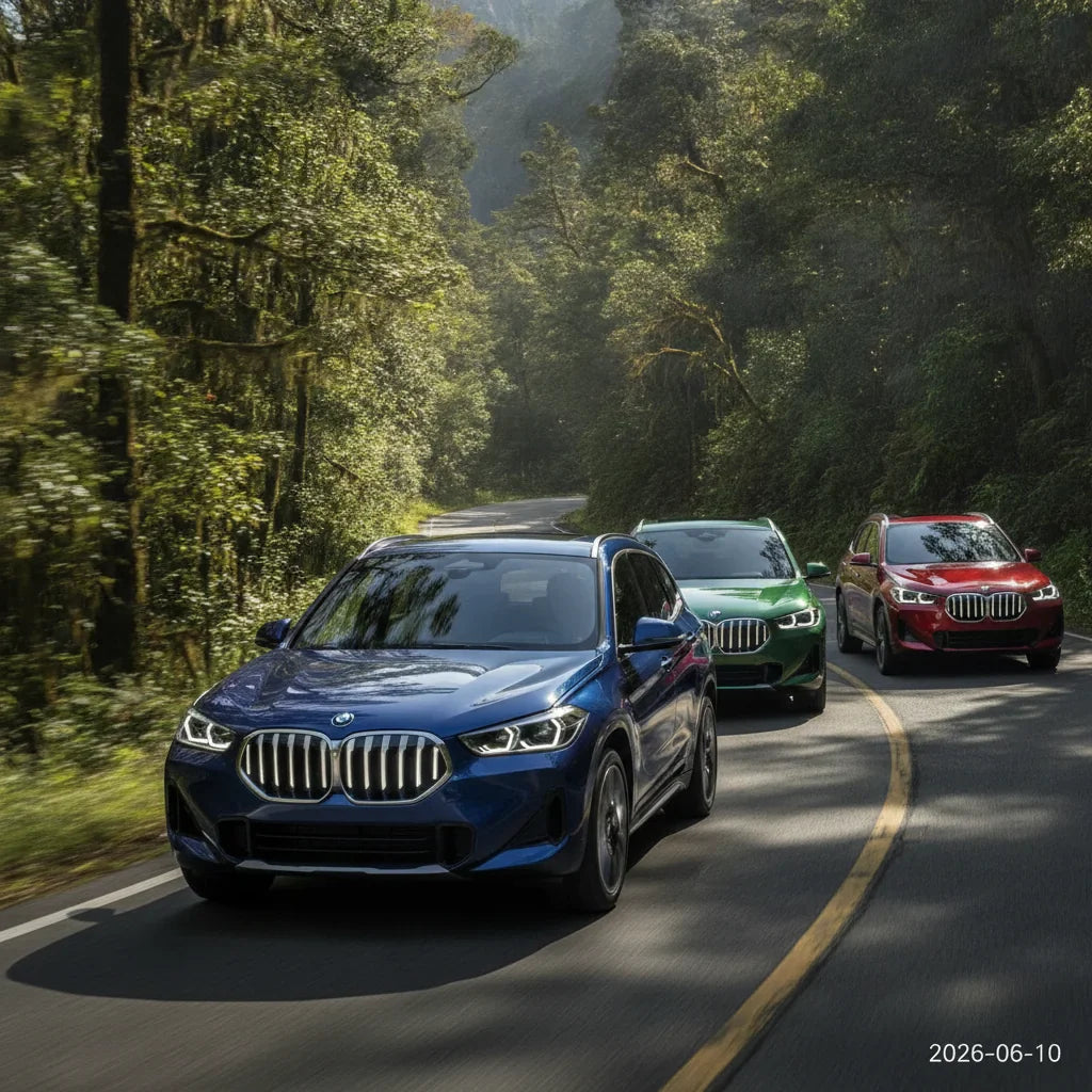 Editorial photo-realistic HERO image for automotive news (2026-06-10). Feature BMW vehicles specifically X1. Scene: The new BMW X1, featuring the inno