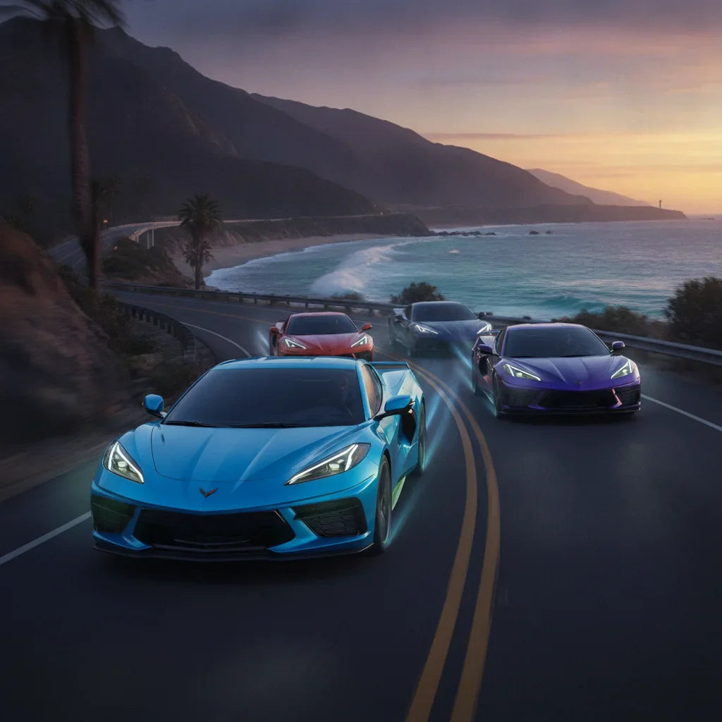 Editorial photo-realistic HERO image for automotive news (2026-06-13). Feature Chevrolet vehicles specifically Corvette E-Ray. Scene: The 2026 Chevrol