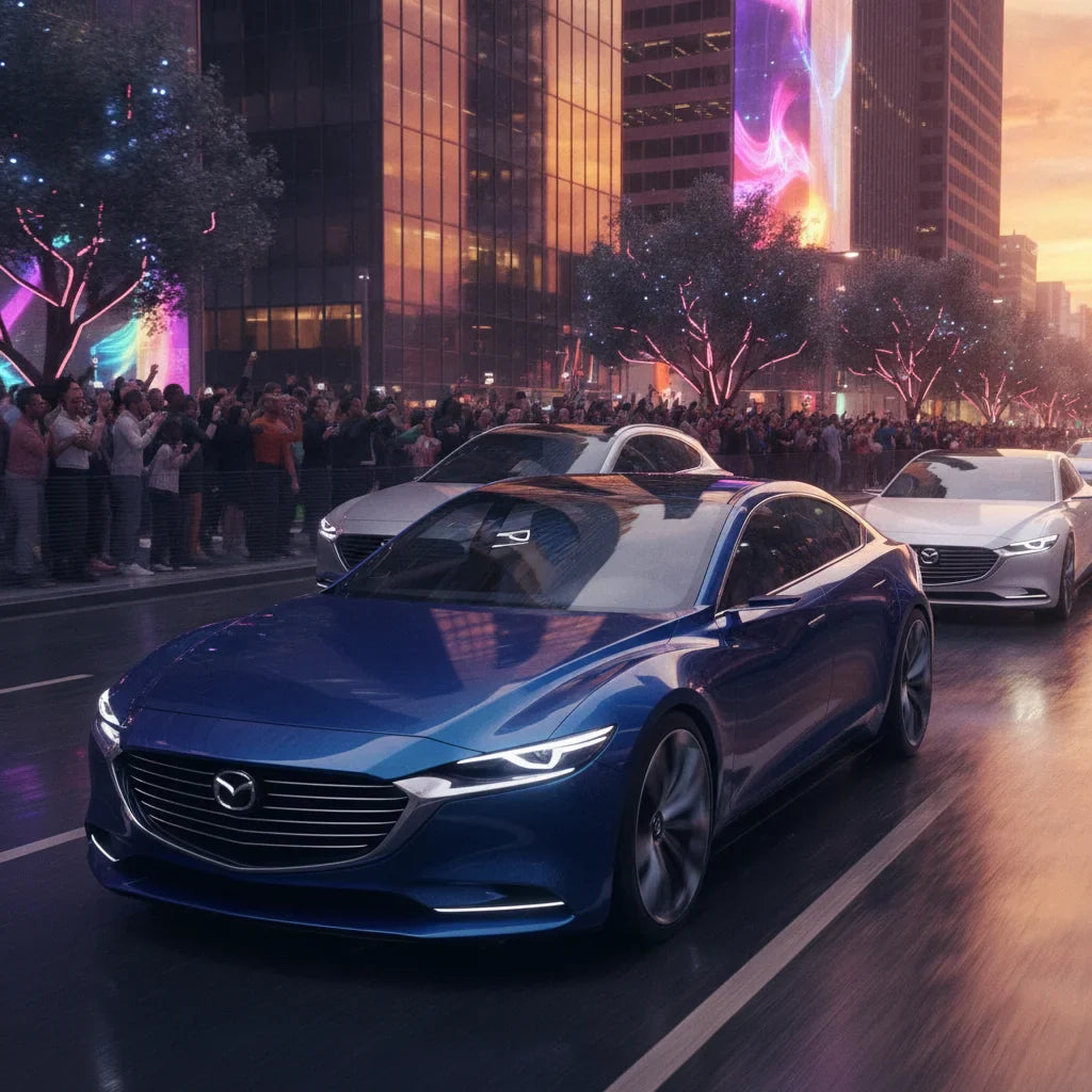 Editorial photo-realistic HERO image for automotive news (2026-06-24). Feature Mazda vehicles specifically Mazda 6. Scene: A sleek, modern electric Ma