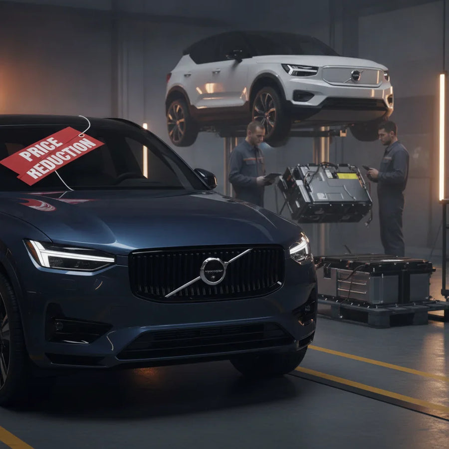 Editorial photo-realistic HERO image for automotive news (2026-06-29). Feature Volvo vehicles specifically EX30, EX90. Scene: A Volvo EX30 in a worksh
