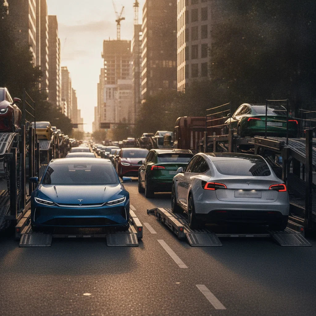 Editorial photo-realistic HERO image for automotive news (2026-07-03). Feature BYD and Tesla vehicles specifically Various. Scene: A bustling cityscap