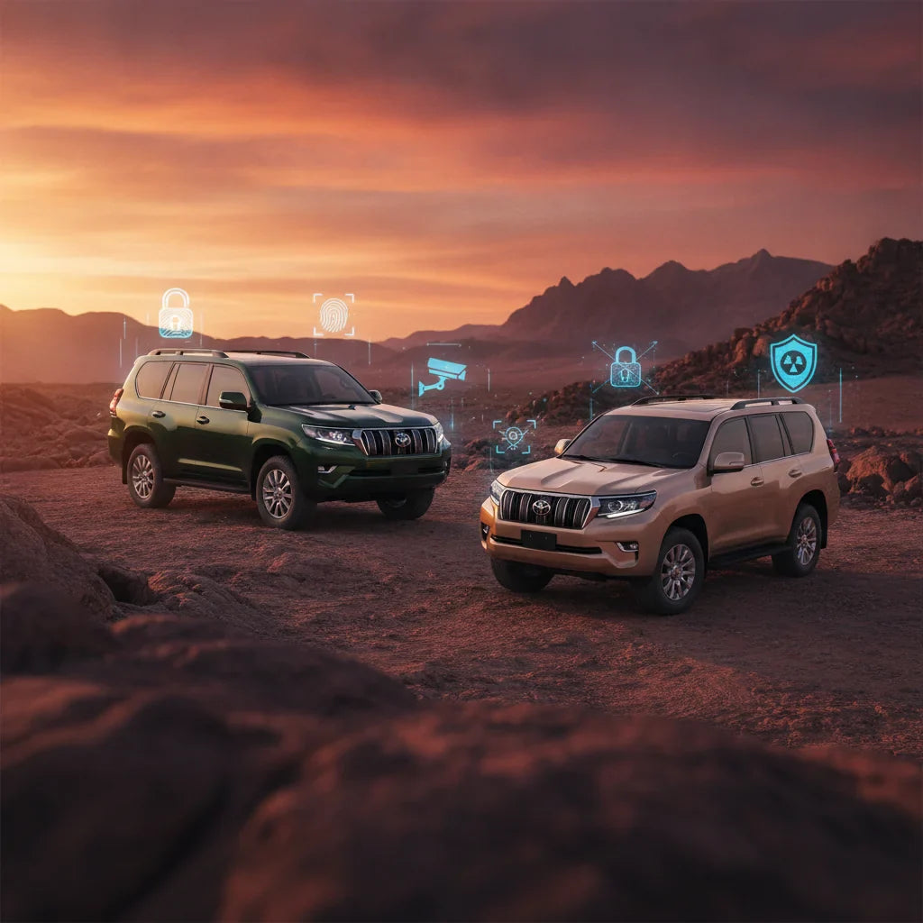 Editorial photo-realistic HERO image for automotive news (2026-07-13). Feature Toyota vehicles specifically LandCruiser, Prado. Scene: The Toyota Land
