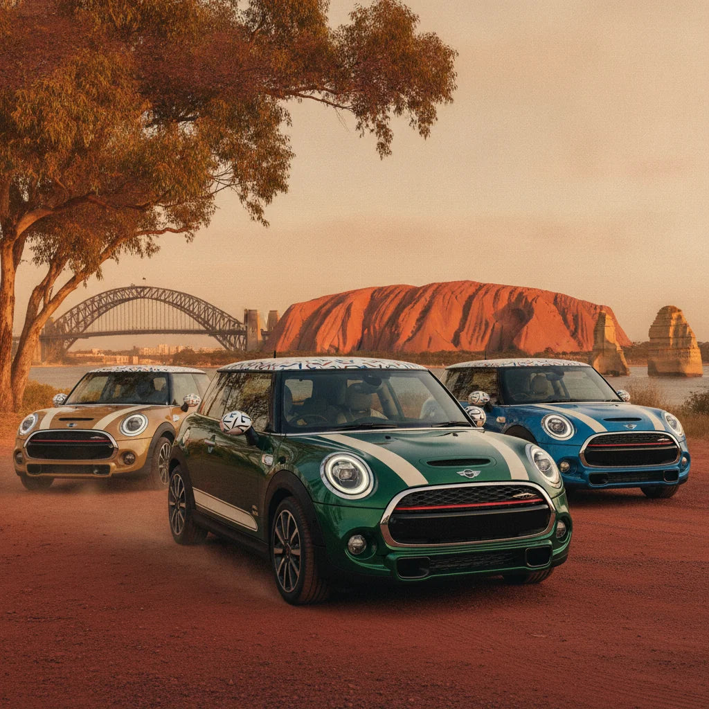 Editorial photo-realistic HERO image for automotive news (2026-07-15). Feature Mini vehicles specifically 2027 Mini Cooper Oxford Edition. Scene: The 
