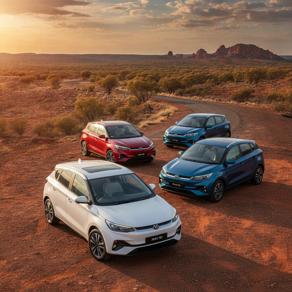Editorial photo-realistic HERO image for automotive news (2026-08-05). Feature BYD vehicles specifically Atto 2. Scene: A BYD Atto 2 plug-in hybrid pa
