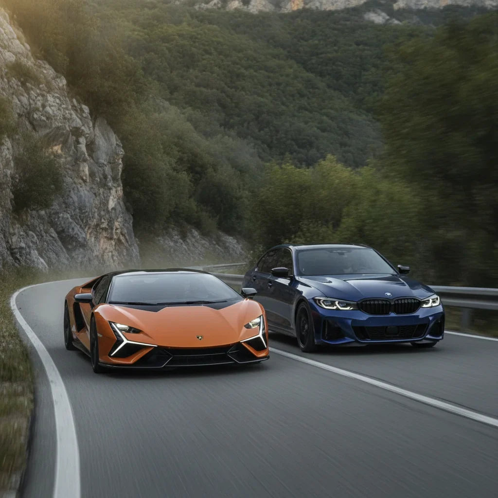 Editorial photo-realistic HERO image for automotive news (2026-09-08). Feature BMW and Lamborghini vehicles specifically 2027 BMW 3 Series, Lamborghin