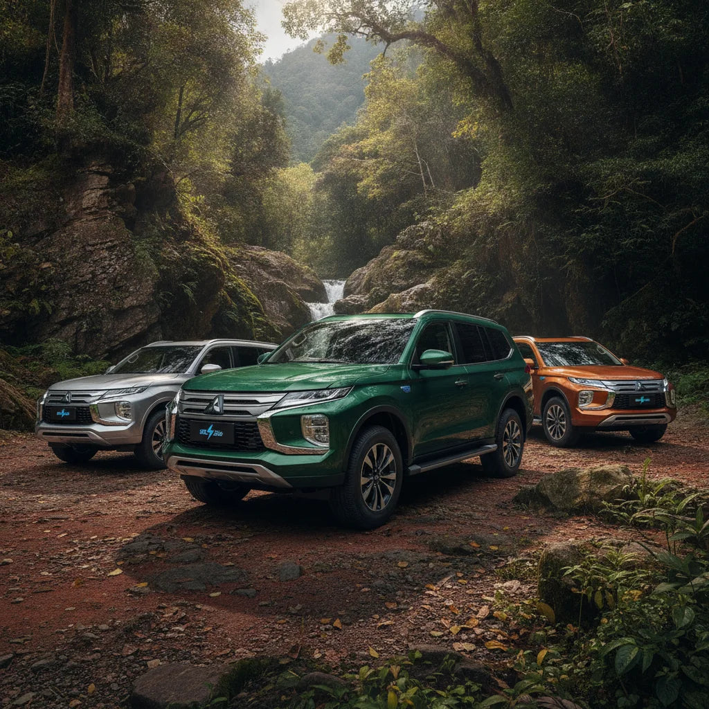 Editorial photo-realistic HERO image for automotive news (2026-09-09). Feature Mitsubishi vehicles specifically Pajero. Scene: The new Mitsubishi Paje