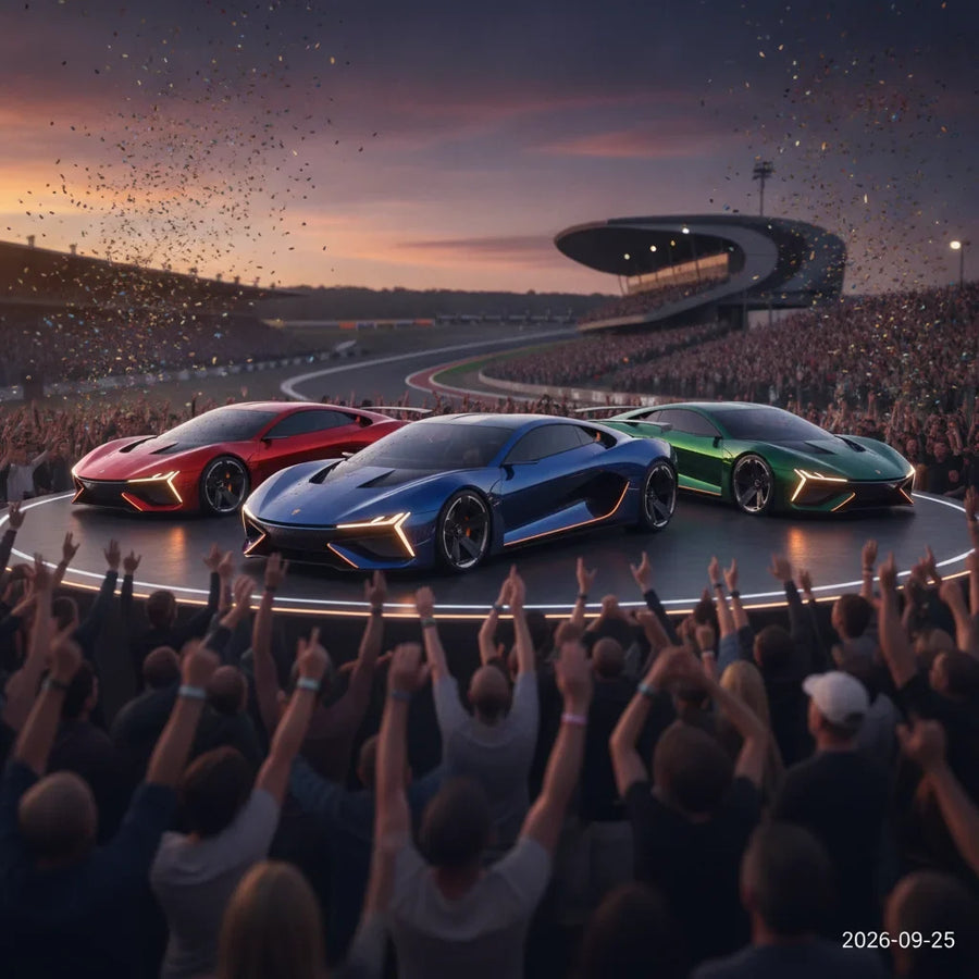 Editorial photo-realistic HERO image for automotive news (2026-09-25). Feature HDT vehicles specifically HDT Reboot Model. Scene: A high-energy reveal