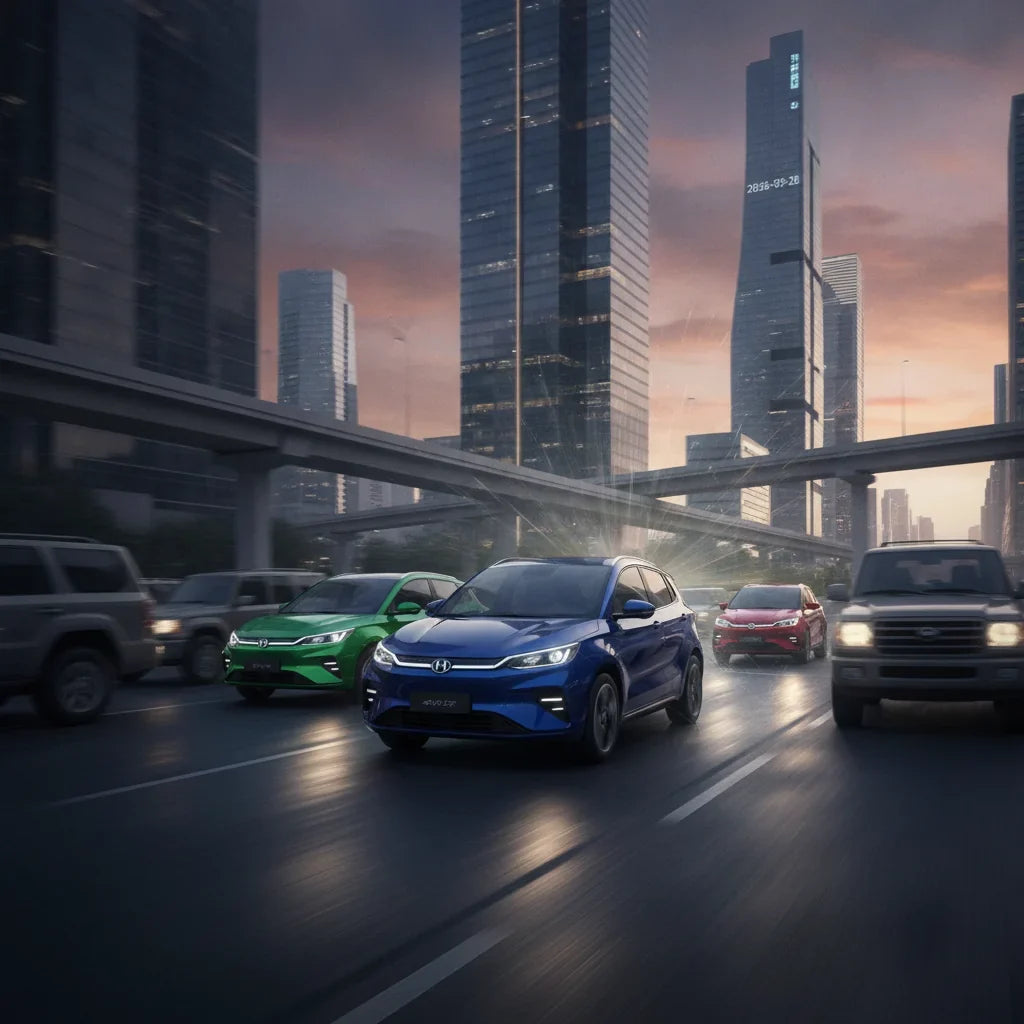 Editorial photo-realistic HERO image for automotive news (2026-09-28). Feature BYD vehicles specifically Atto 2 PHEV. Scene: A dynamic shot of the BYD