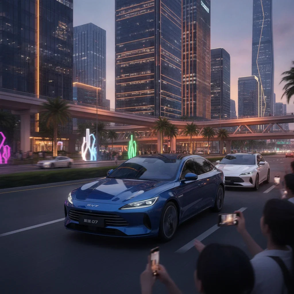 Editorial photo-realistic HERO image for automotive news (2026-09-29). Feature BYD vehicles specifically Seal 07. Scene: The new second-generation BYD