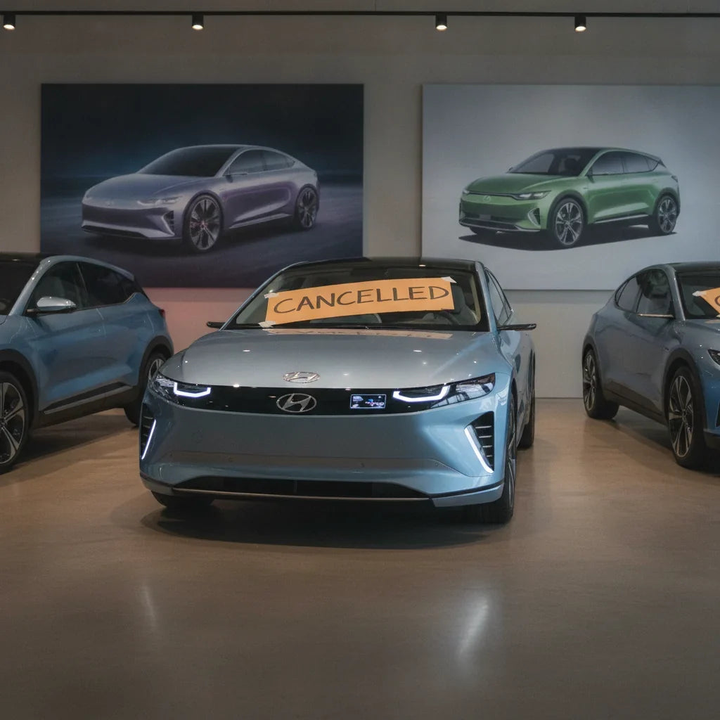 Editorial photo-realistic HERO image for automotive news (2026-10-02). Feature Hyundai vehicles specifically Ioniq 3. Scene: An empty showroom with a 