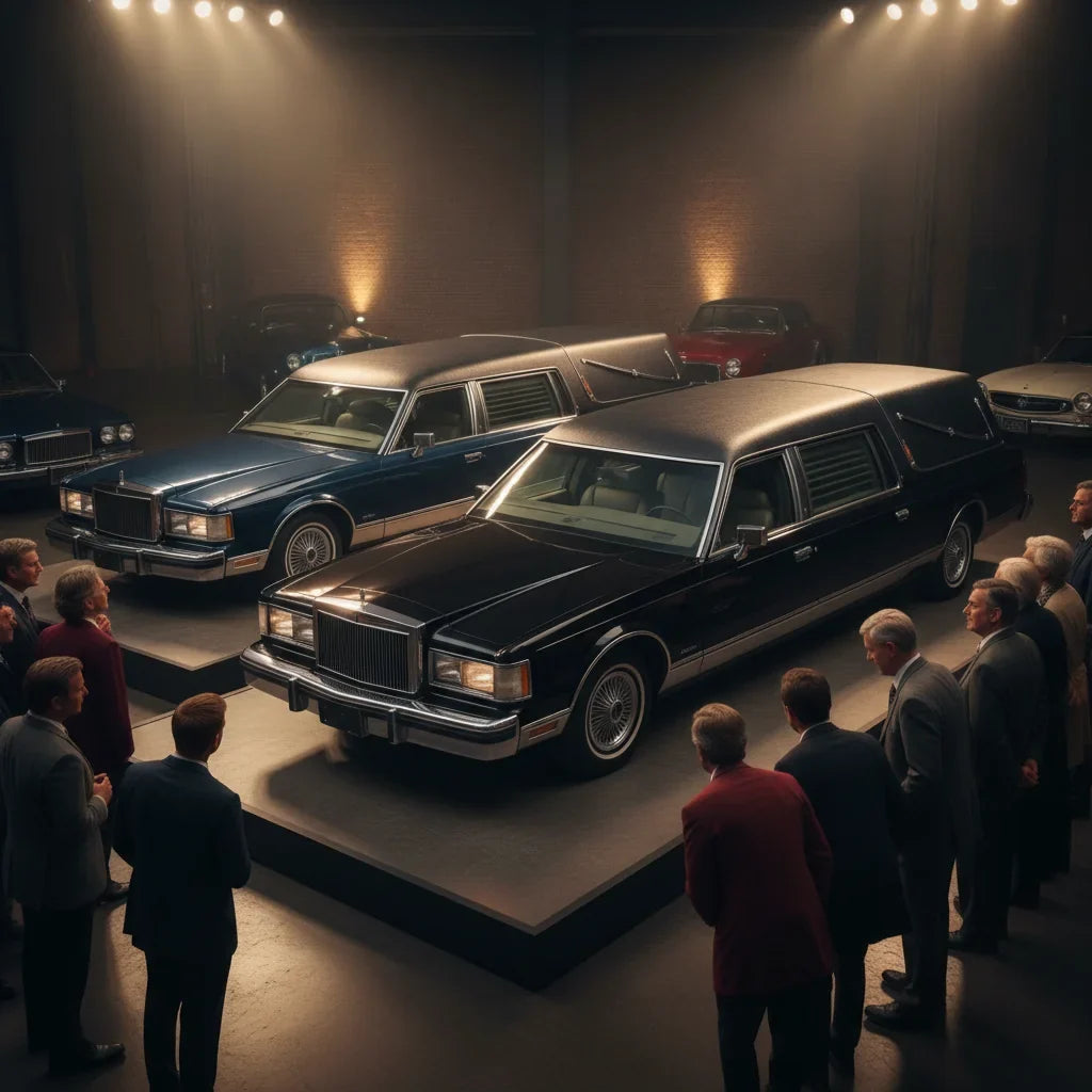Editorial photo-realistic HERO image for automotive news (2026-10-03). Feature Lincoln vehicles specifically Town Car. Scene: A vintage Lincoln Town C