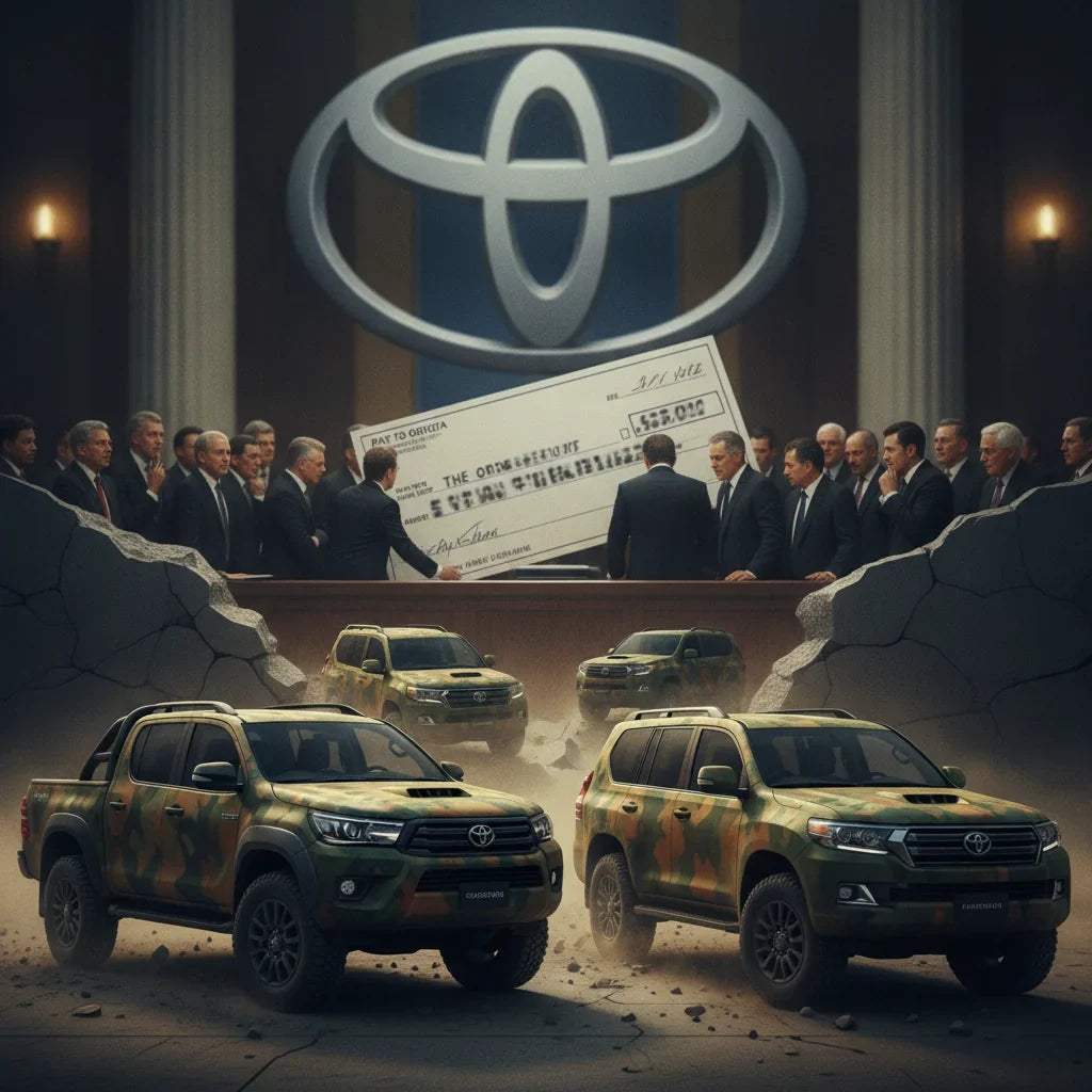 Editorial photo-realistic HERO image for automotive news (2026-10-13). Feature Toyota vehicles specifically HiLux, Prado. Scene: A dramatic courtroom 
