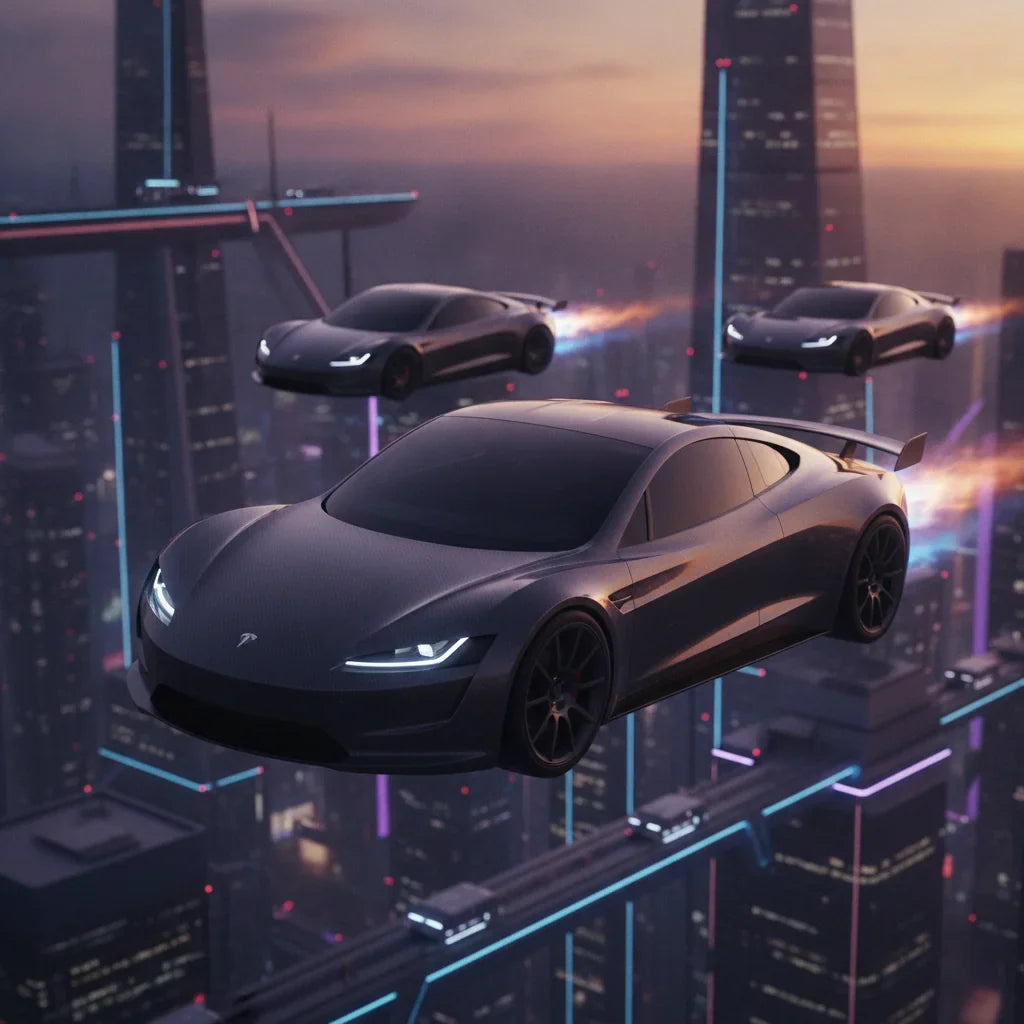 Editorial photo-realistic HERO image for automotive news (2026-10-17). Feature Tesla vehicles specifically Roadster. Scene: The Tesla Roadster soaring