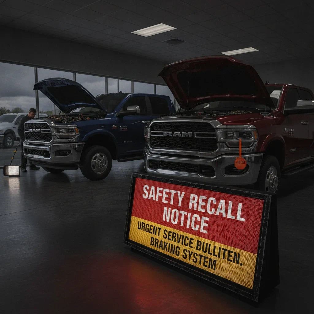 Editorial photo-realistic HERO image for automotive news (2026-10-26). Feature Ram vehicles specifically 2500, 3500. Scene: A dramatic image of the Ra