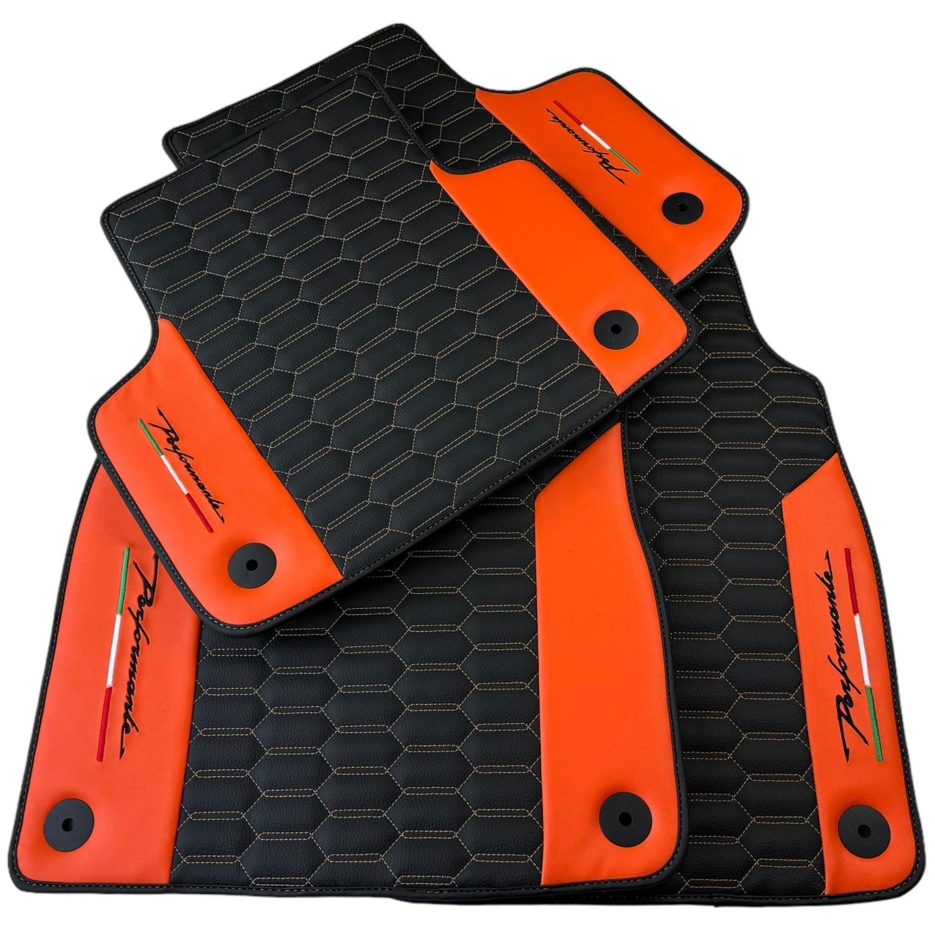 Black Floor Mats for Lamborghini Urus with Orange Leather - AutoWin
