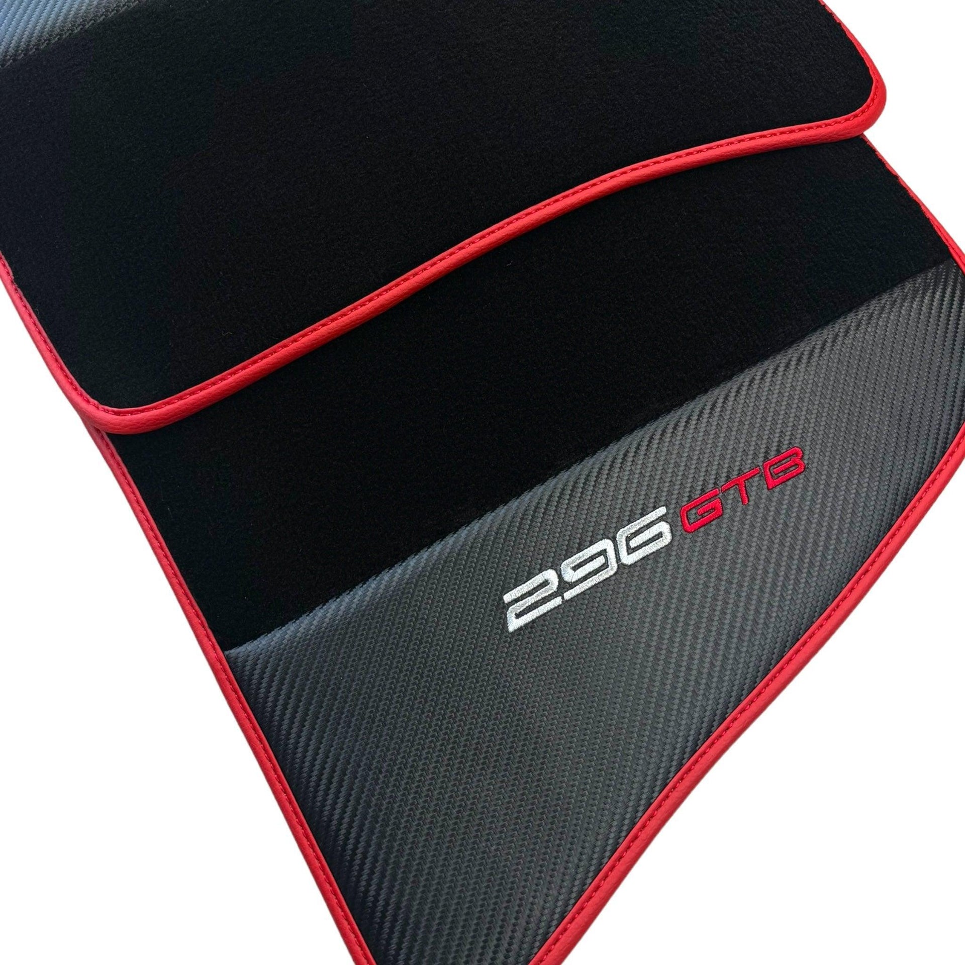 Black Floor Mats for Ferrari 296 GTB (2022-2024) with Carbon Fiber | Red Trim - AutoWin