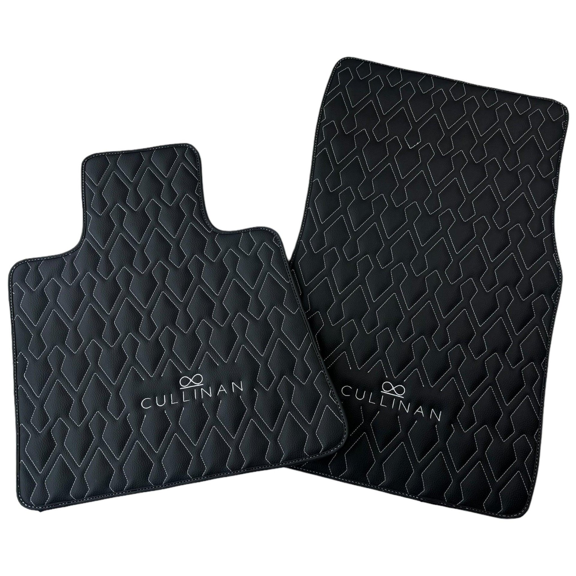 Black Leather Floor Mats for Rolls Royce Cullinan (2018-2023) with White Stitching - AutoWin