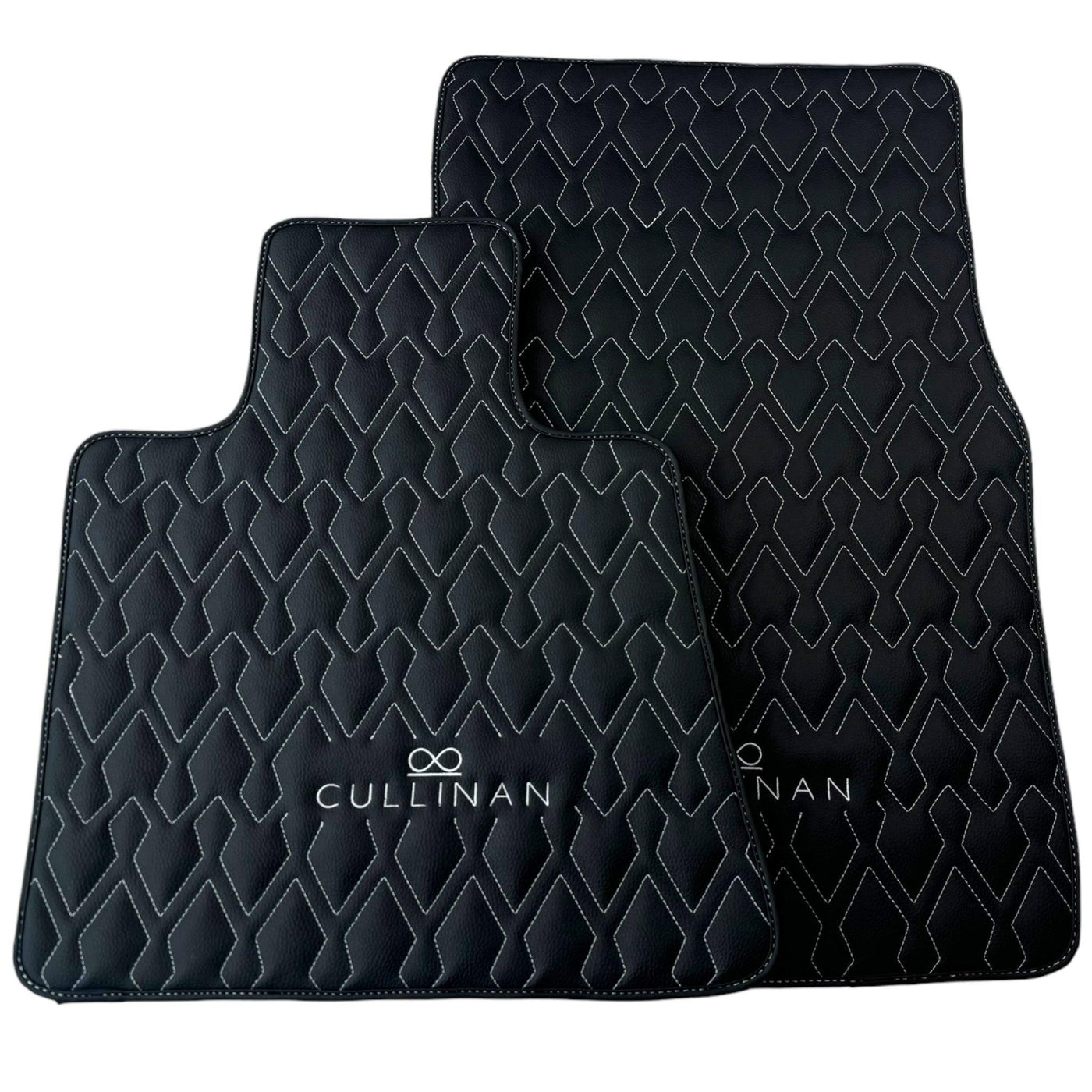 Black Leather Floor Mats for Rolls Royce Cullinan (2018-2023) with White Stitching - AutoWin