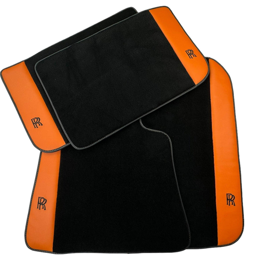 Black Floor Mats for Rolls Royce Ghost Series I (2010–2020) with Orange Leather - AutoWin