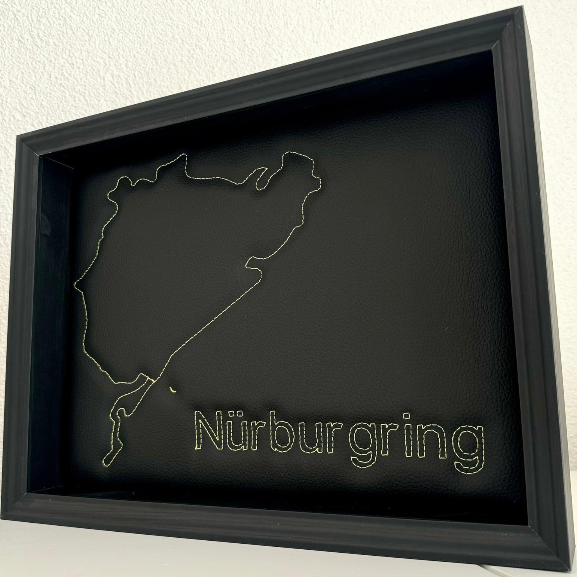 Leather Nürburgring Inspired Wall Art: Embroidered Yellow Stitch Luxury Decor - AutoWin