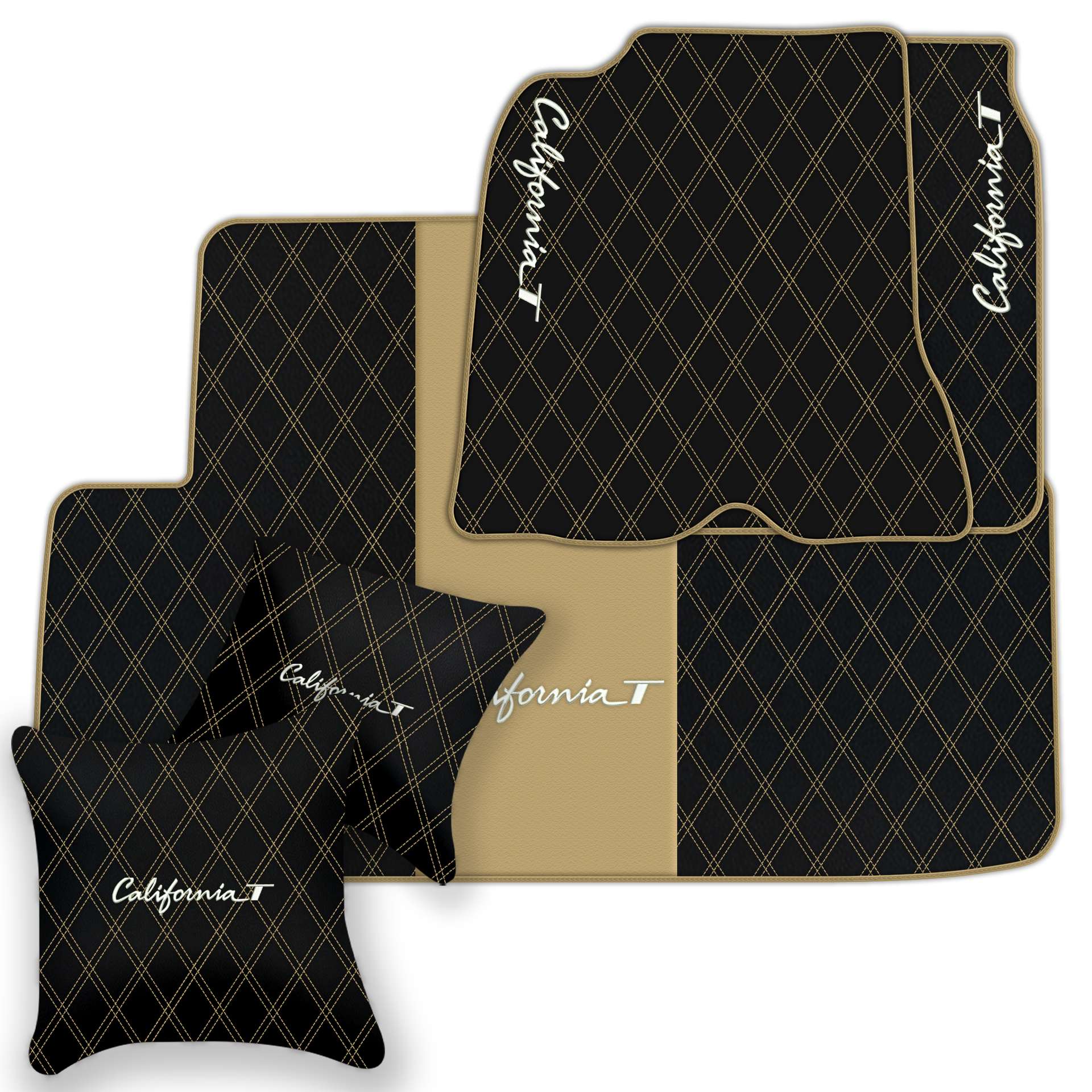 Black Leather Floor Mats for Ferrari California T (2015-2018) with Double Diamond Pattern | Full Set Option - AutoWin