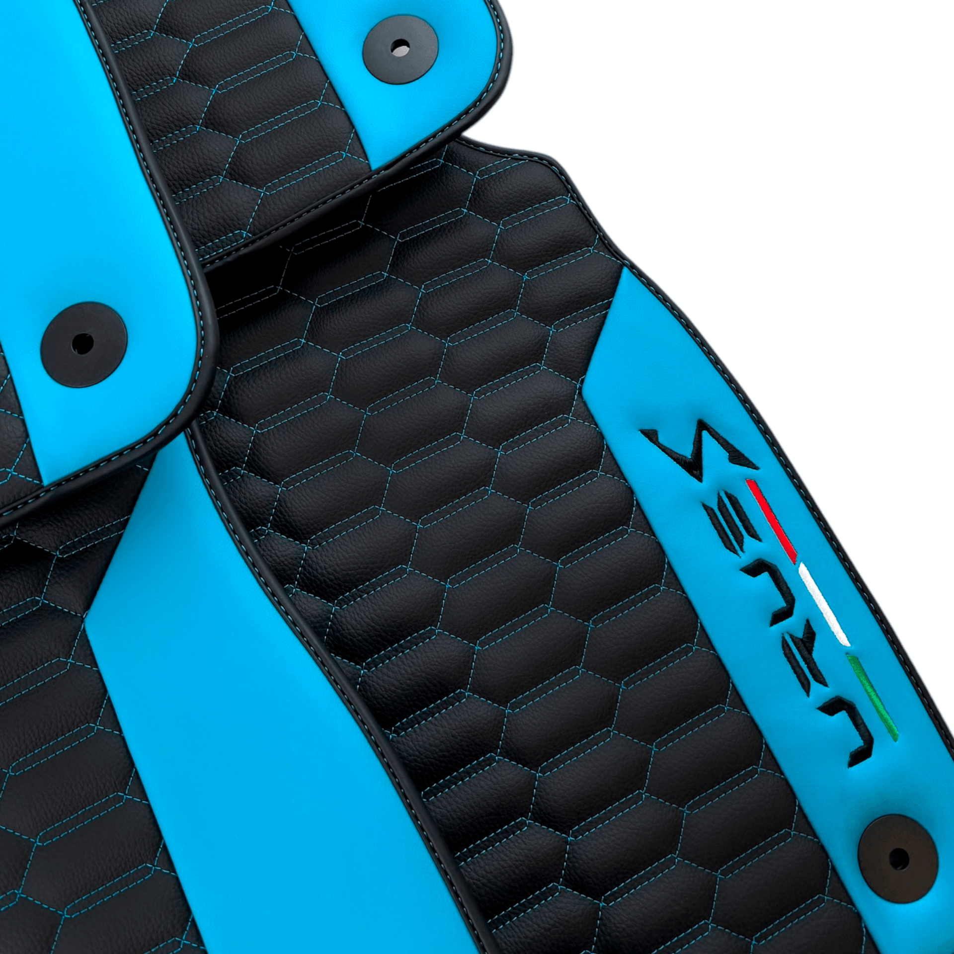 Black Leather Floor Mats for Lamborghini Urus S with Sky Blue Leather Accent
