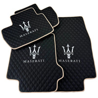 Black Stitched Leather Floor Mats with Logo for Maserati GranCabrio MC (2013-2019) | Beige Trim - AutoWin