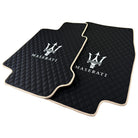 Black Stitched Leather Floor Mats with Logo for Maserati GranCabrio MC (2013-2019) | Beige Trim - AutoWin
