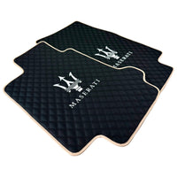 Black Stitched Leather Floor Mats with Logo for Maserati GranCabrio MC (2013-2019) | Beige Trim - AutoWin