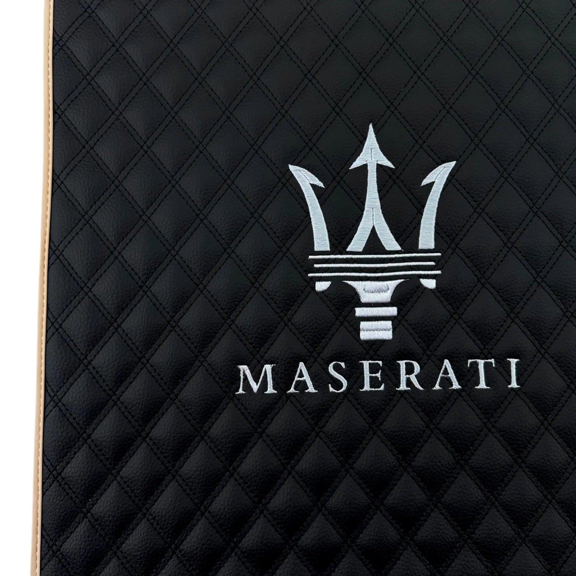 Black Stitched Leather Floor Mats with Logo for Maserati GranCabrio MC (2013-2019) | Beige Trim - AutoWin