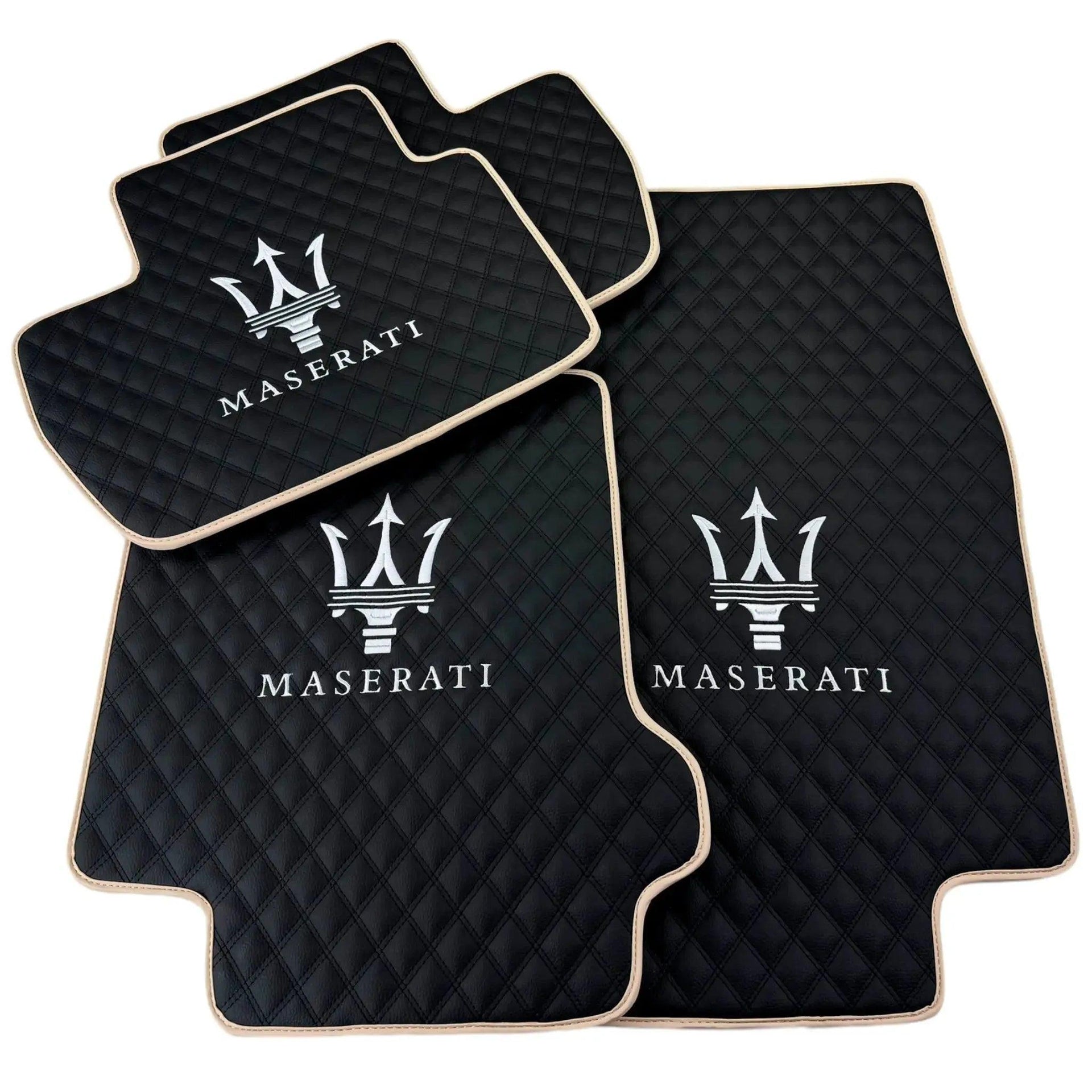 Black Stitched Leather Floor Mats with Logo for Maserati GranTurismo MC Stradale (2011-2015) | Beige Trim - AutoWin