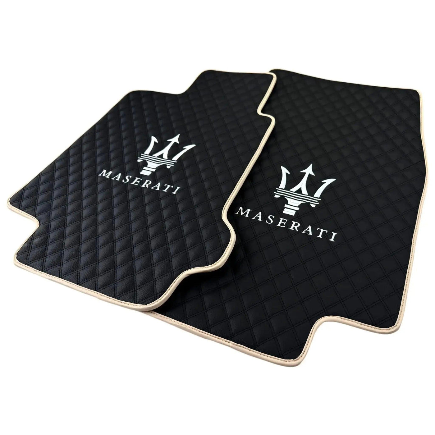 Black Stitched Leather Floor Mats with Logo for Maserati GranTurismo MC Stradale (2011-2015) | Beige Trim - AutoWin