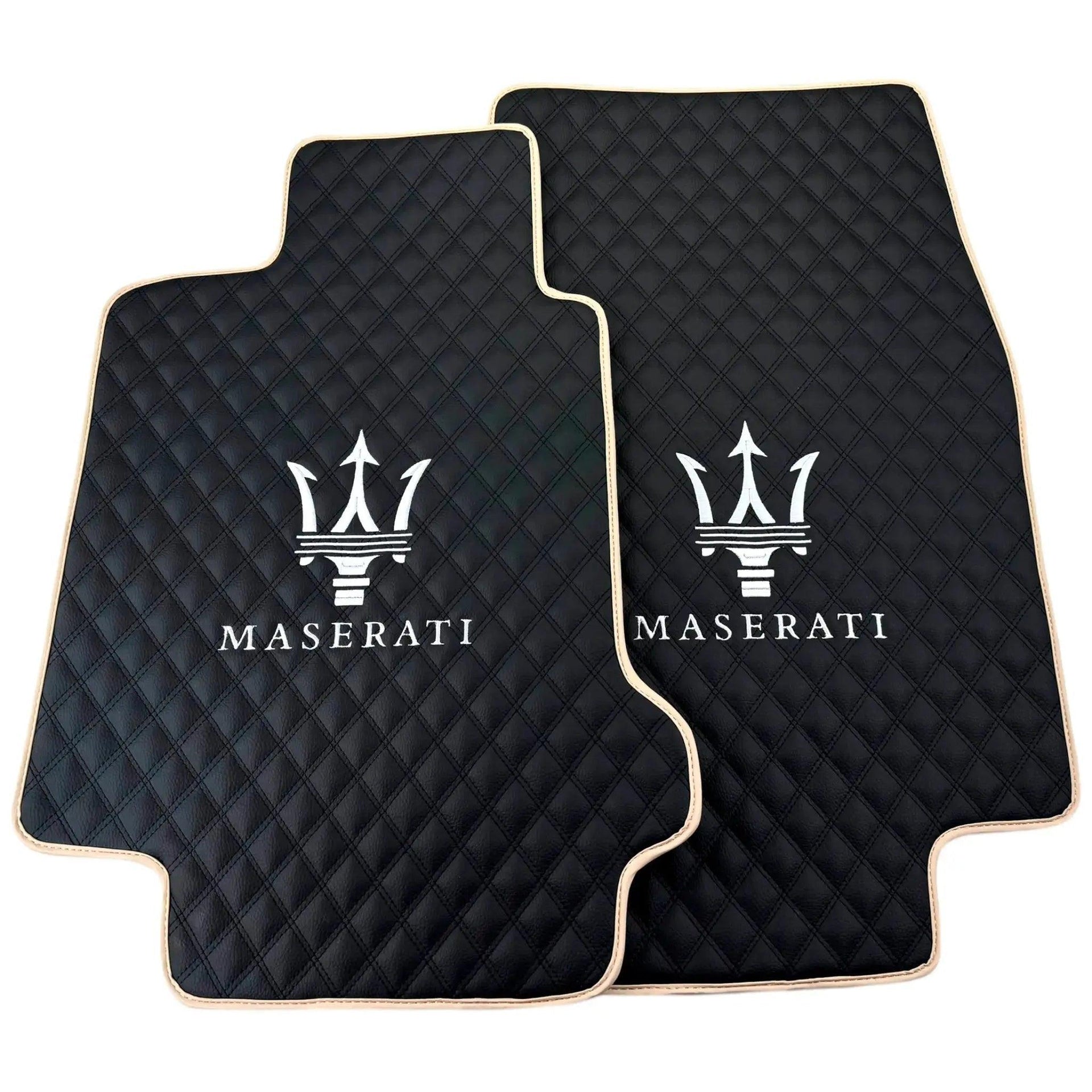 Black Stitched Leather Floor Mats with Logo for Maserati GranTurismo MC (2009-2010) | Beige Trim - AutoWin