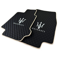 Black Stitched Leather Floor Mats with Logo for Maserati GranTurismo MC (2009-2010) | Beige Trim - AutoWin