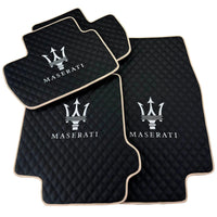 Black Stitched Leather Floor Mats with Logo for Maserati GranTurismo Sport (2012-2019) | Beige Trim - AutoWin