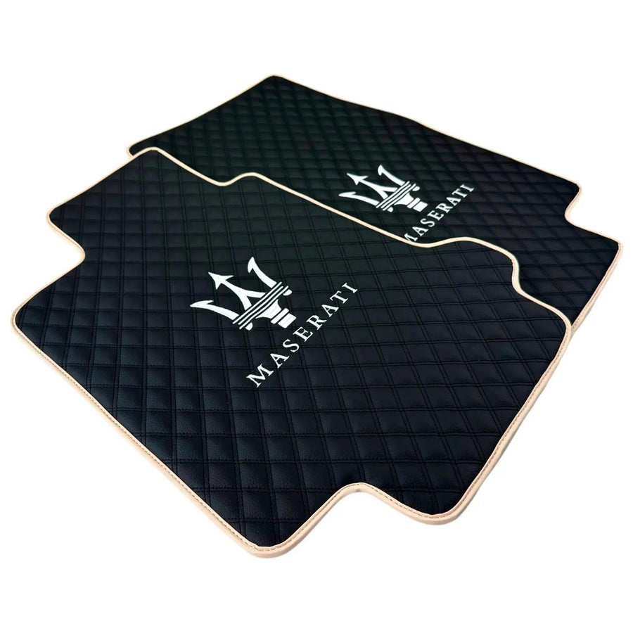 Black Stitched Leather Floor Mats with Logo for Maserati GranTurismo Sport (2012-2019) | Beige Trim - AutoWin