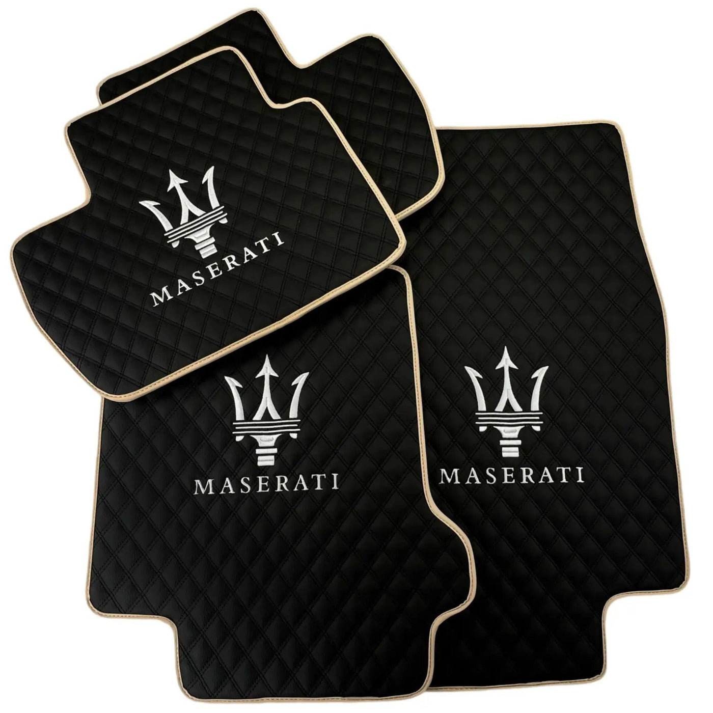 Black Stitched Leather Floor Mats with Logo for Maserati GranTurismo Sportline (2009-2019) | Beige Trim - AutoWin