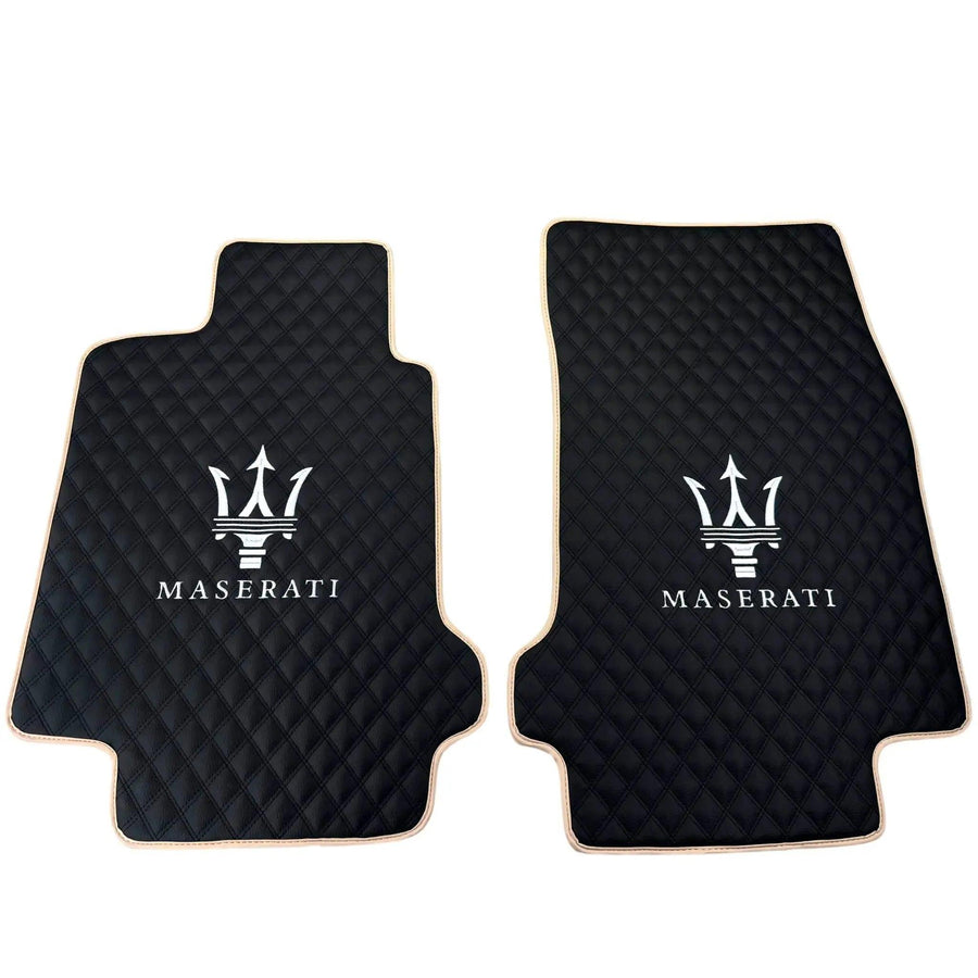 Black Stitched Leather Floor Mats with Logo for Maserati GranTurismo Sportline (2009-2019) | Beige Trim - AutoWin
