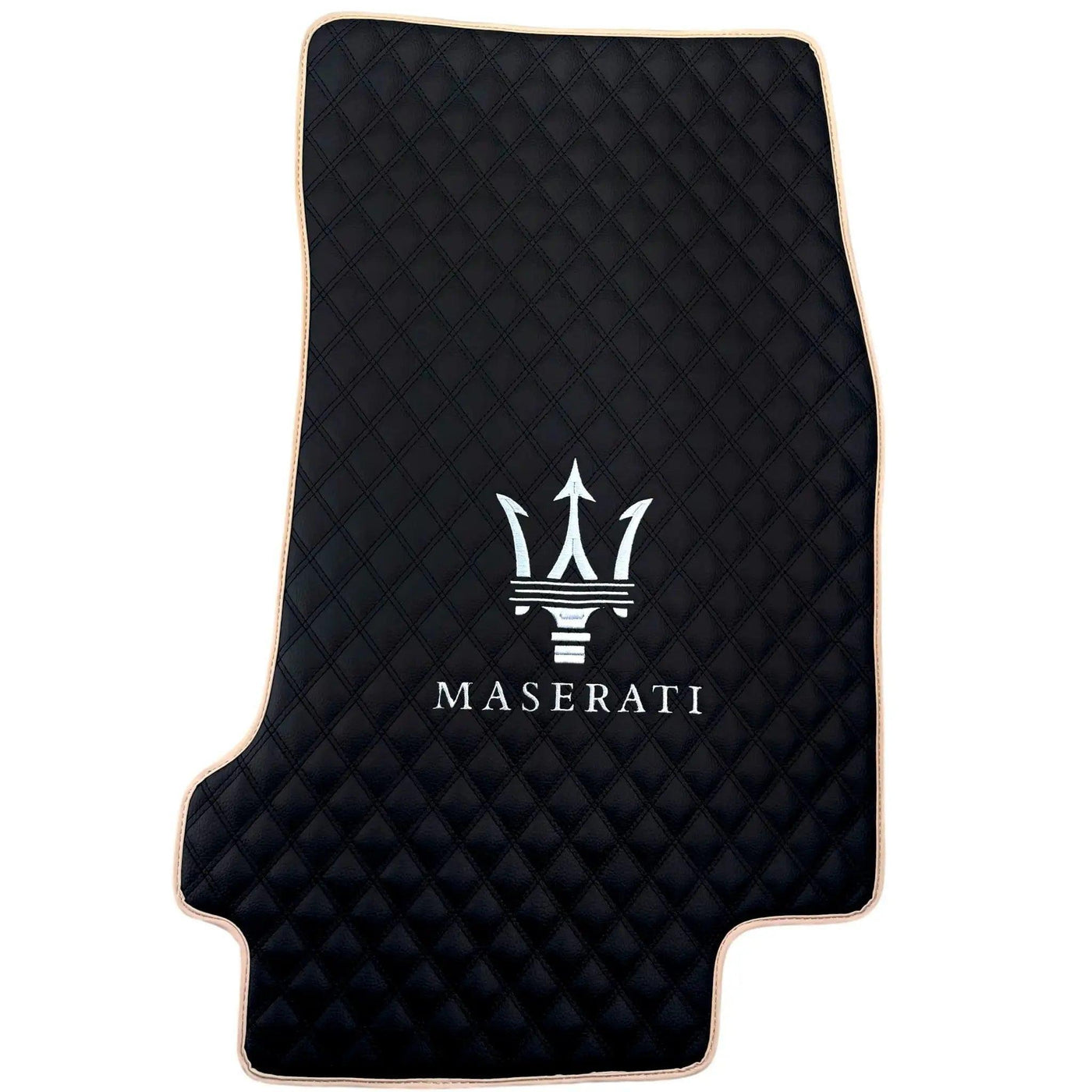 Black Stitched Leather Floor Mats with Logo for Maserati GranTurismo Sportline (2009-2019) | Beige Trim - AutoWin