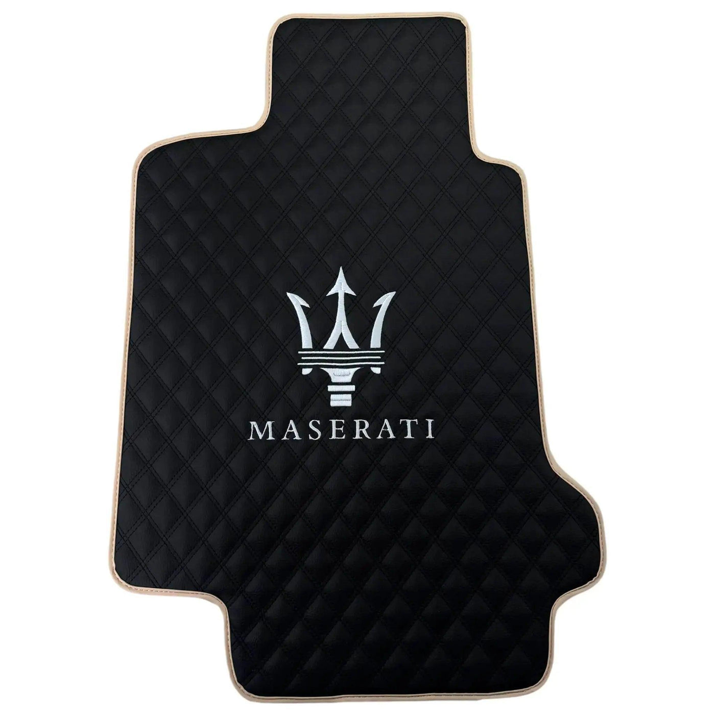 Black Stitched Leather Floor Mats with Logo for Maserati GranTurismo Sportline (2009-2019) | Beige Trim - AutoWin