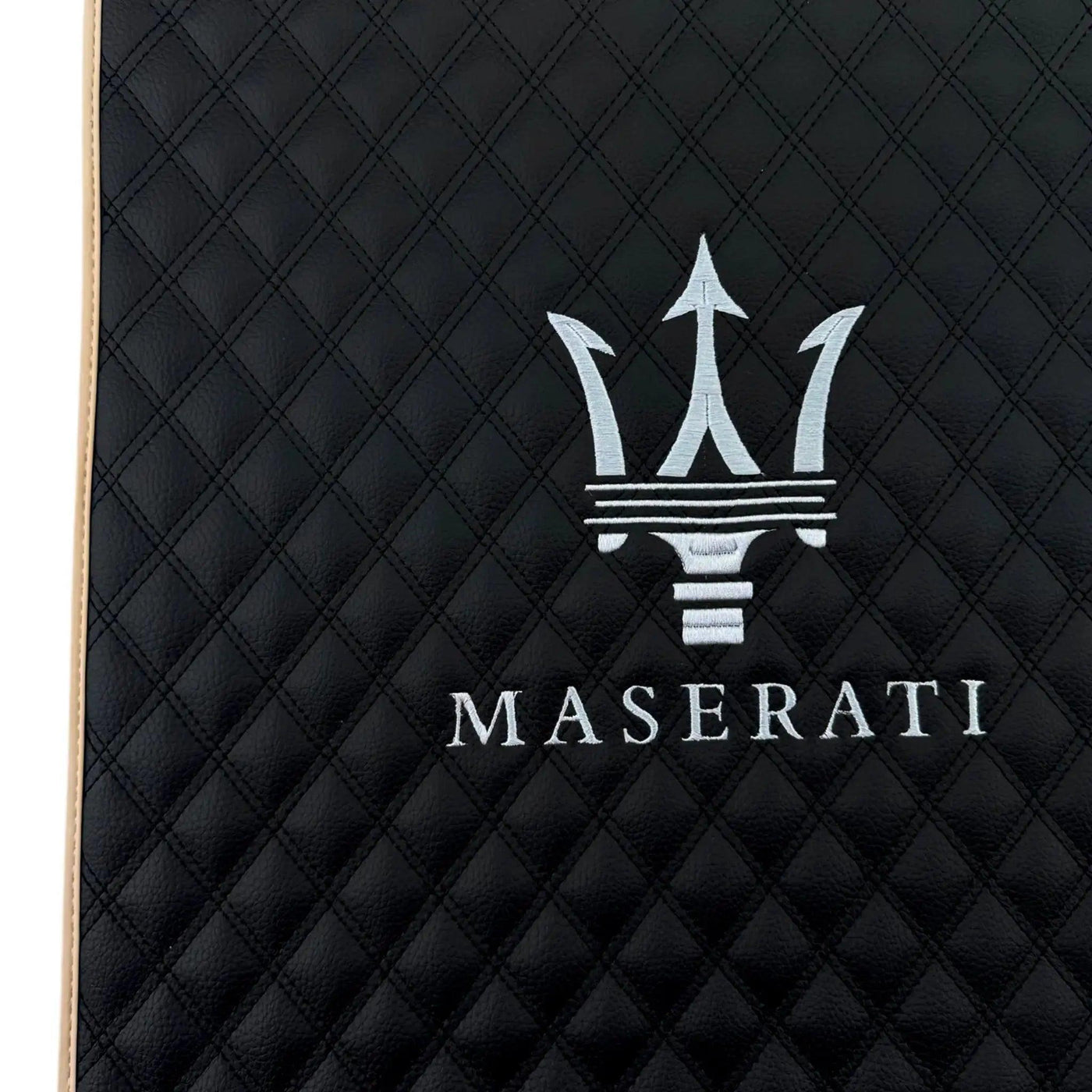 Black Stitched Leather Floor Mats with Logo for Maserati GranTurismo Sportline (2009-2019) | Beige Trim - AutoWin