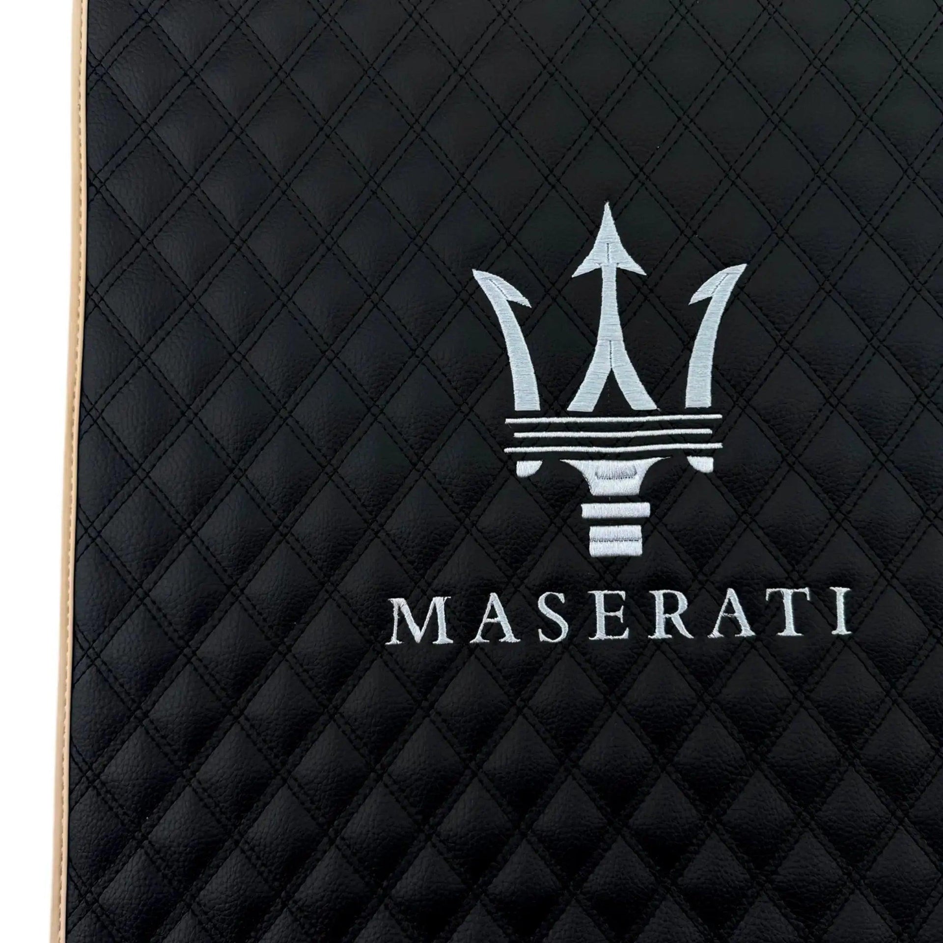 Black Stitched Leather Floor Mats with Logo for Maserati GranTurismo Sportline (2009-2019) | Beige Trim - AutoWin
