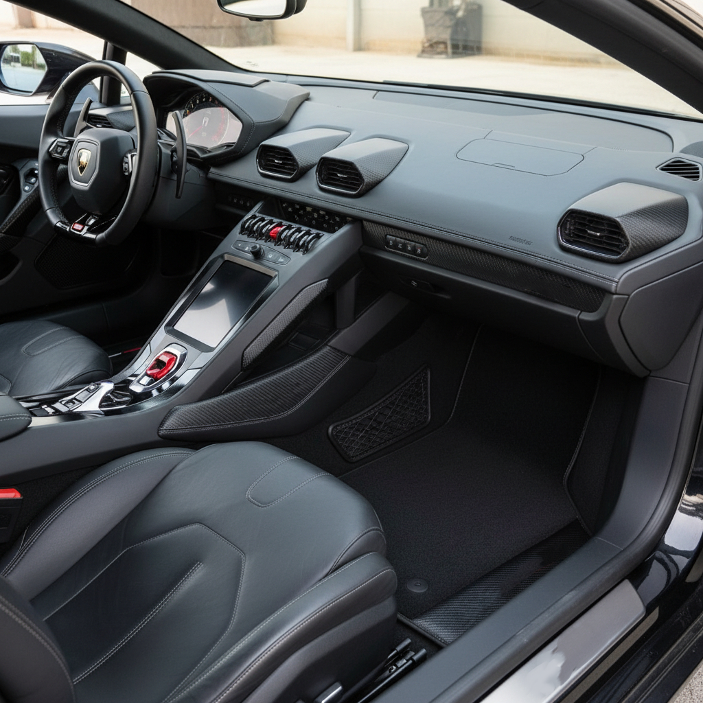 حصير سيارات سوداء مخصصة لسيارة لامبورغيني هوراكان STO مع خياطة من الجلد بألياف الكربون باللون البرتقالي