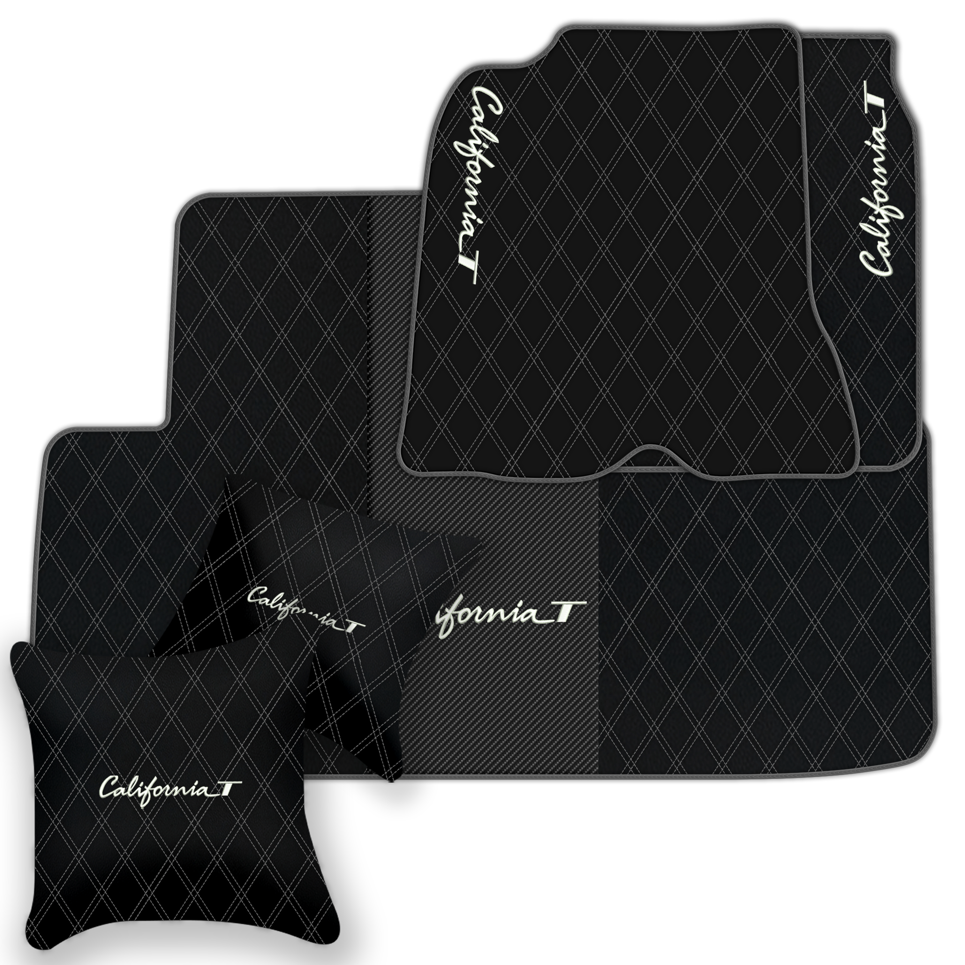 Black Leather Floor Mats for Ferrari California T (2015-2018) with Double Diamond Pattern | Full Set Option - AutoWin