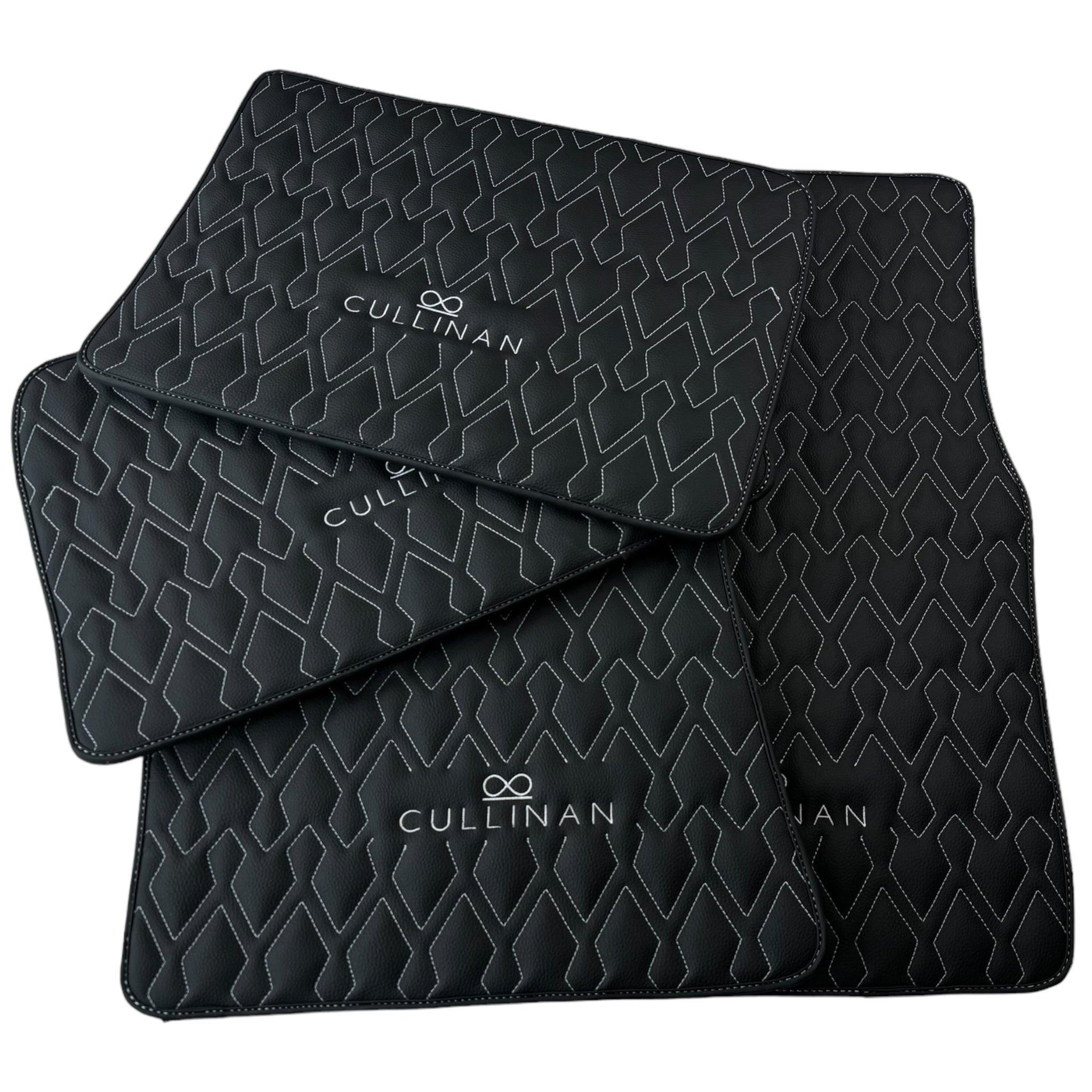 Black Leather Floor Mats for Rolls Royce Cullinan (2018-2023) with White Stitching - AutoWin