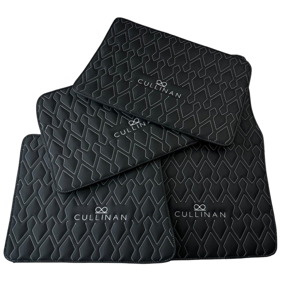 Black Leather Floor Mats for Rolls Royce Cullinan (2018-2023) with White Stitching - AutoWin