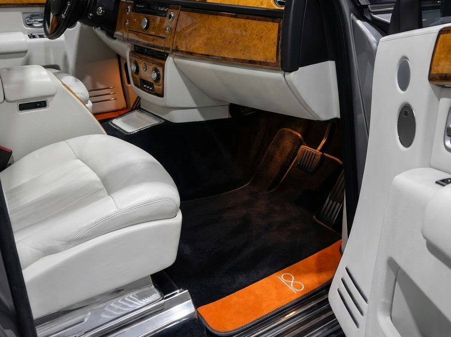 Black Floor Mats For Rolls Royce Black Badge Phantom Drophead Orange Alcantara