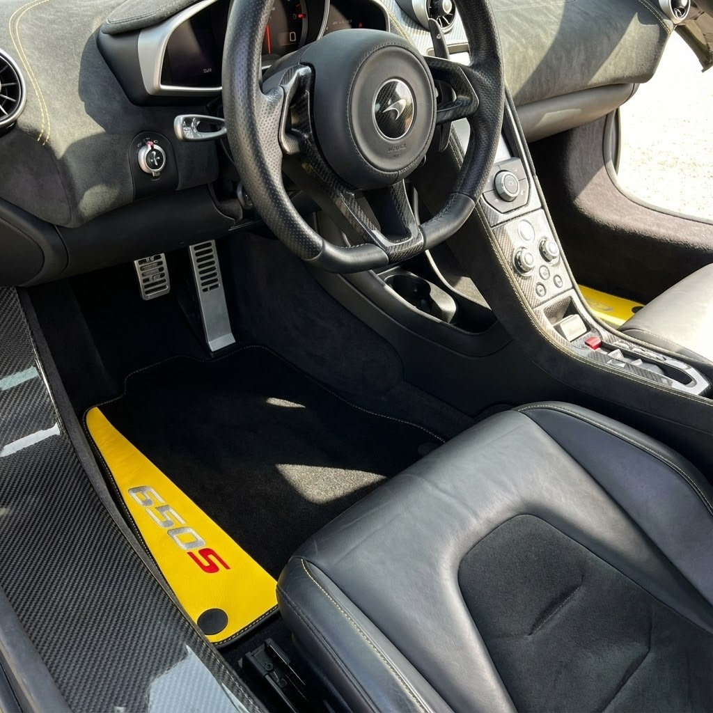 Black Floor Mats For McLaren 650S Black Tailored With Yellow Leather