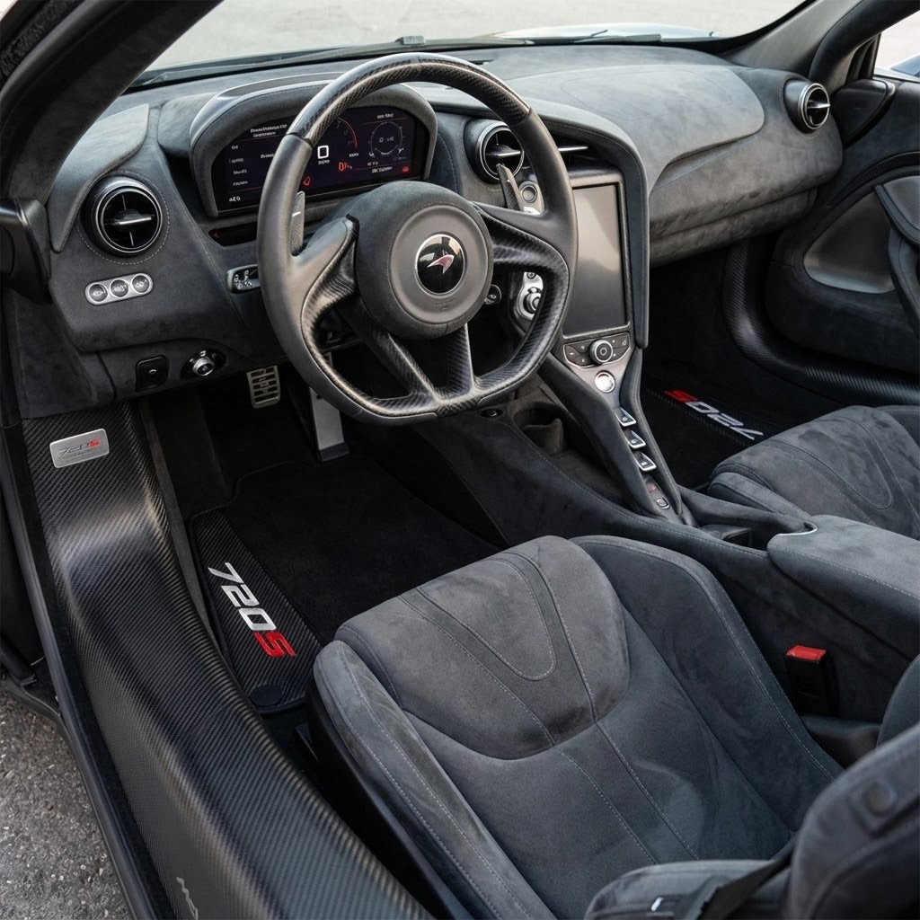 حصائر سيارات سوداء لمكلارين 720S (2017-2021) مع جلد كربوني