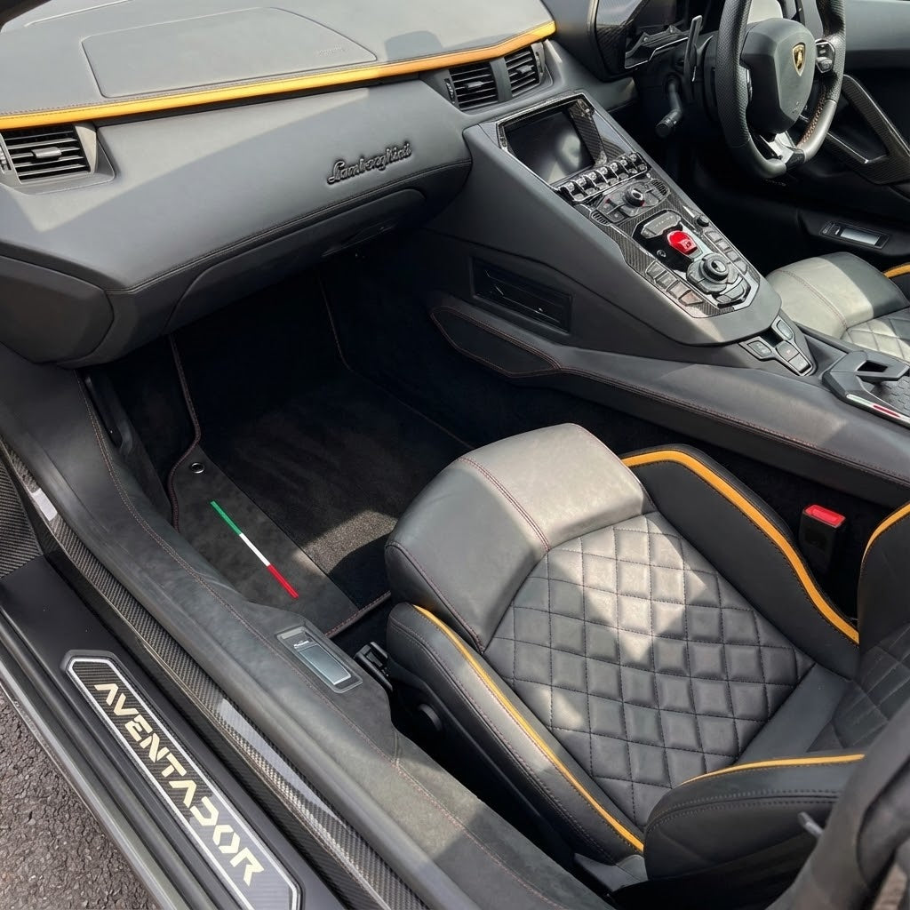 Customizable Black Floor Mats for Lamborghini Aventador SV with Alcantara Leather